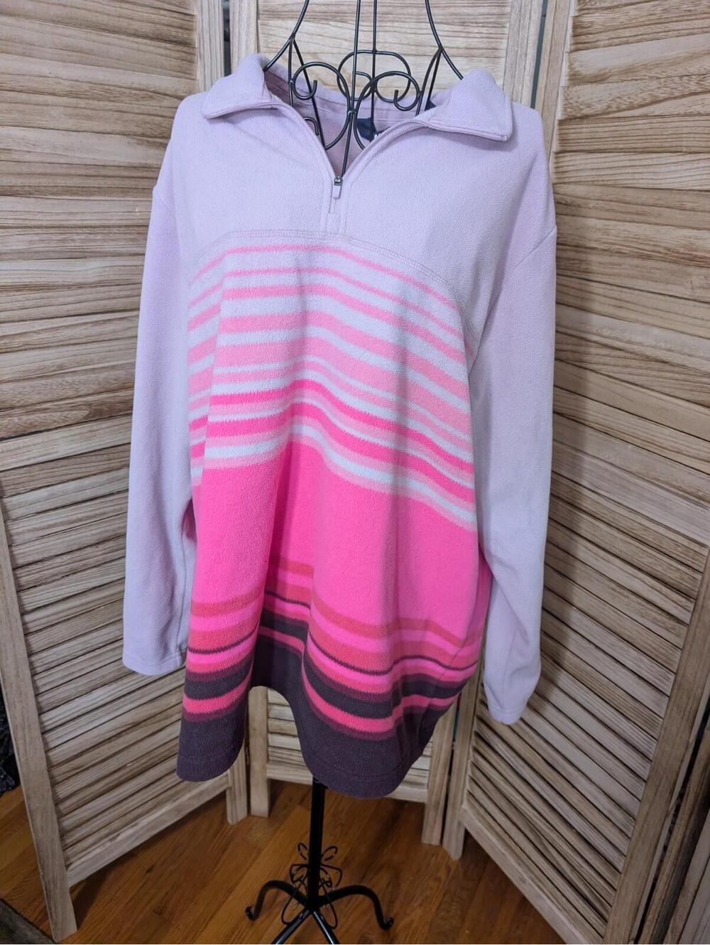 Lands End Women Size 2XL Pink Striped Sweatshirt Top Cozy Fleece